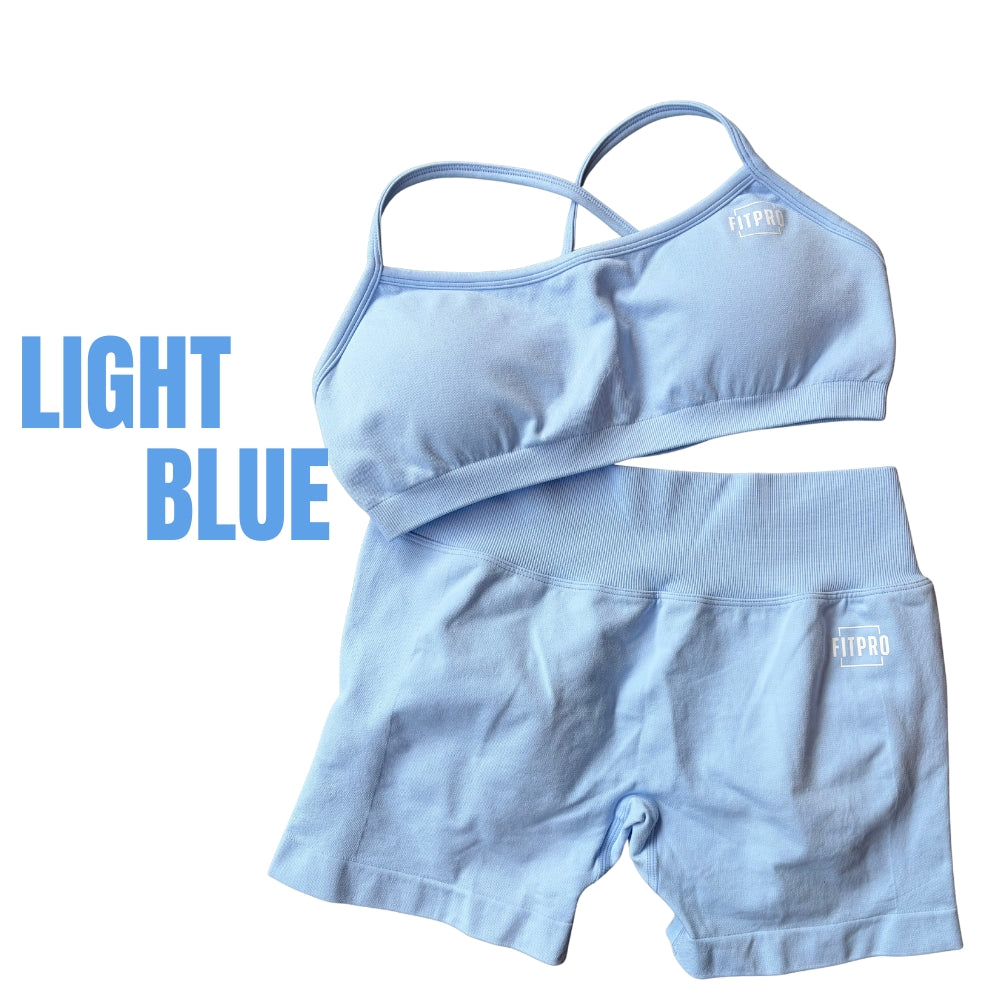 FitPro Women's Seamless Gym Set – สปอร์ตบรา + กางเกงขาสั้นเอวสูง V Back