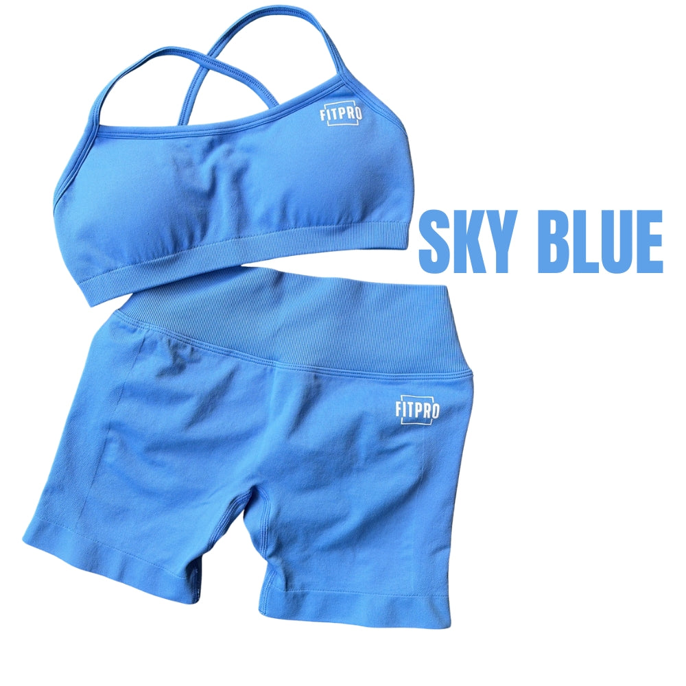 FitPro Women's Seamless Gym Set – สปอร์ตบรา + กางเกงขาสั้นเอวสูง V Back