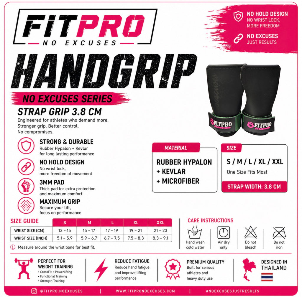 FITPRO HANDGRIP ถุงมือยกน้ำหนัก | สาย Strapกว้าง 3.8 ซม. | Grip แบบ No Hold | Pad หนา 3 มม. | วัสดุ Rubber Hypalon
