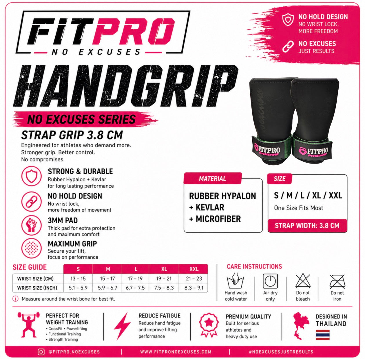 FITPRO HANDGRIP ถุงมือยกน้ำหนัก | สาย Strapกว้าง 3.8 ซม. | Grip แบบ No Hold | Pad หนา 3 มม. | วัสดุ Rubber Hypalon